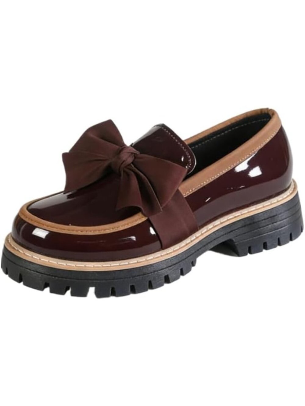 Women's Reddish Brown Round Toe Slip On Thick Sole Business Casual Chunky Loafer